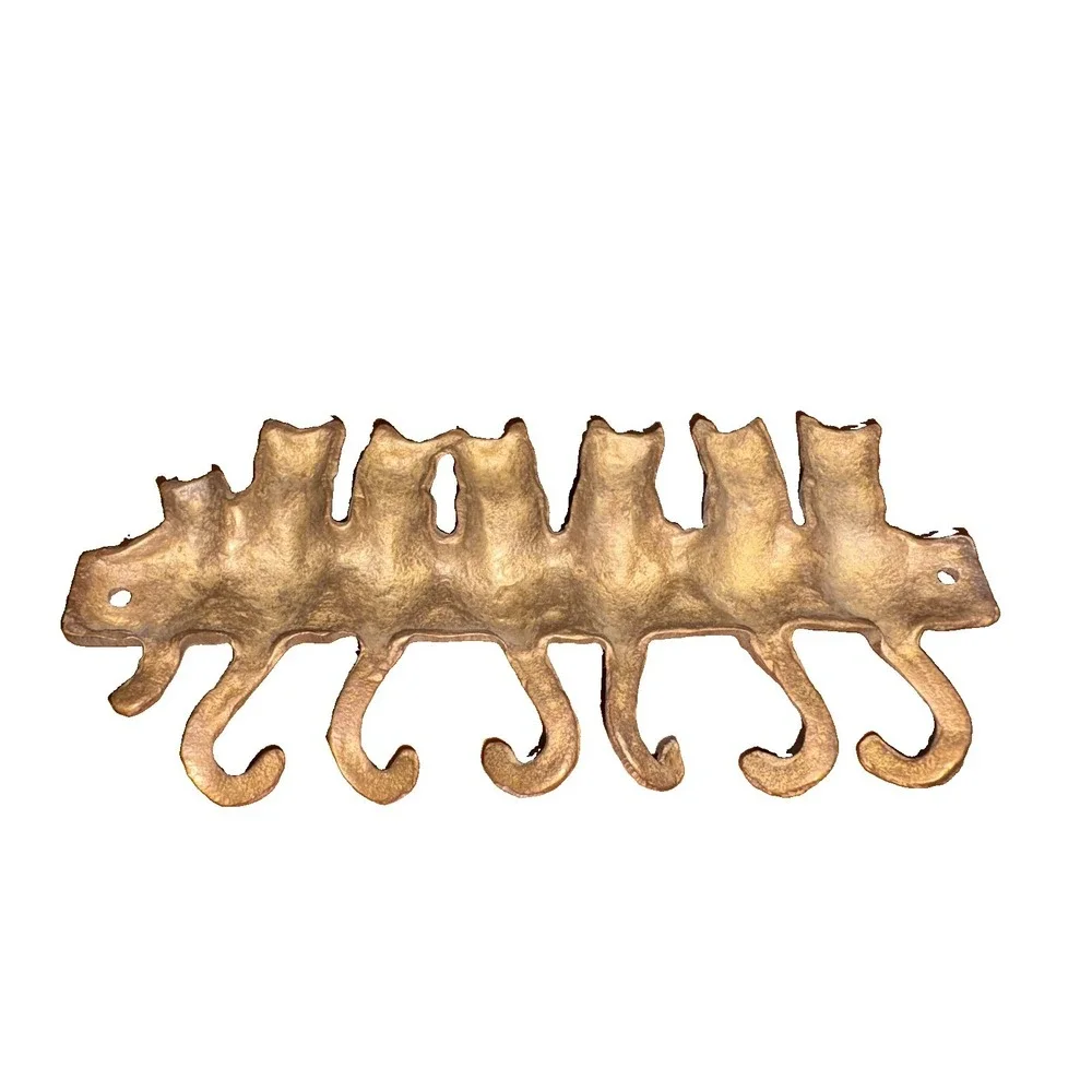 Vintage Antique Style Cast Brass Family Cat Wall Decor Hanging 6 Key Hooks 6.5